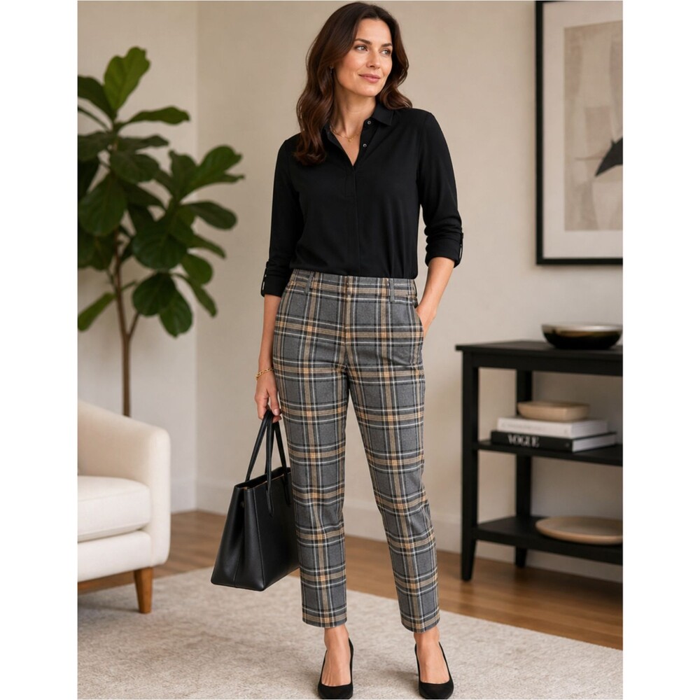 Etcetera Plaid Pants 4 Gray Beige Check Cotton Stretch Career Work Pockets EUC